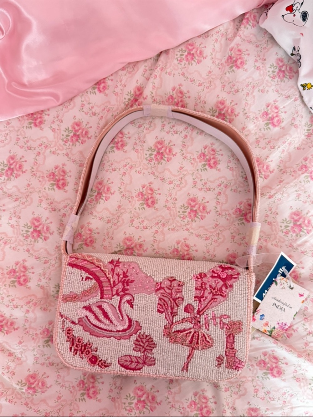 Beaded Pink Floral Shoulder Bag